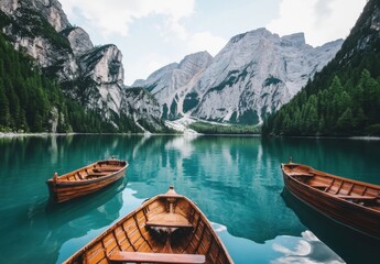 Poster - Three wooden rowboats peacefully float on a pristine turquoise lake, nestled amidst towering, snow-capped mountains and lush evergreen forests. : Generative AI