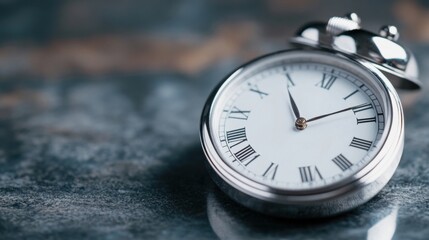 Aufkleber - Closeup of a vintage silver pocket watch with roman numerals on a dark marble surface, showcasing time and elegance. : Generative AI