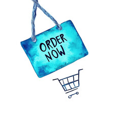 Poster - Watercolor Order Now Tag with Shopping Cart Icon, Promoting Online Sales
