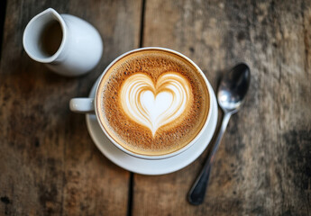 Aufkleber - Aromatic cappuccino with heart latte art served in a white cup on a rustic wooden table, accompanied by a small creamer and spoon. : Generative AI