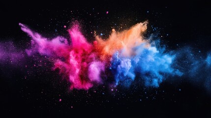 Leinwandbilder - Vibrant explosion of pink, orange, and blue powder against a black background, creating a dynamic and colorful abstract art piece. : Generative AI