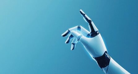 Poster - A futuristic robotic hand, gleaming white and dark blue, extends gracefully against a serene light-blue backdrop, its fingers poised in a gesture of delicate interaction. : Generative AI