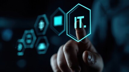 Fototapete - A finger touches a glowing hexagonal IT button on a futuristic touchscreen interface, surrounded by smaller hexagons displaying technology icons. : Generative AI
