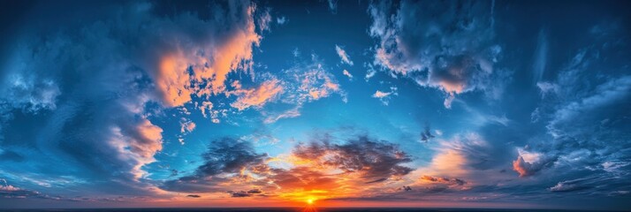 Aufkleber - Dramatic sunset panorama with vibrant orange and blue hues, showcasing a breathtaking display of cloudscape at the horizon. : Generative AI