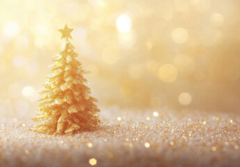 Aufkleber - A miniature gold glitter christmas tree sits on a sparkling, glittering surface, bathed in warm, golden light, creating a festive, elegant holiday scene. : Generative AI