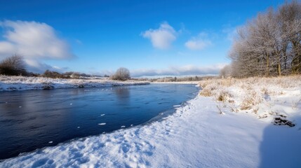 Poster - Serene winter landscape: a snow-covered riverbank unfolds under a vibrant blue sky, showcasing the beauty of a frozen waterway and frosted trees. : Generative AI