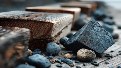 Poster - Dark blue cube rests on weathered wood planks, surrounded by small, dark stones and pebbles; a close-up view reveals texture and detail. : Generative AI