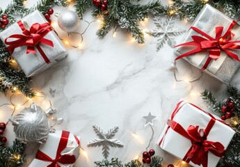 Aufkleber - Festive Christmas arrangement with silver and white gifts, red ribbons, snowy fir branches, and fairy lights on a marble surface. : Generative AI