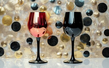 Aufkleber - Two elegant wine glasses, one red and one black, stand against a shimmering backdrop of gold and black circles, creating a sophisticated and festive scene. : Generative AI