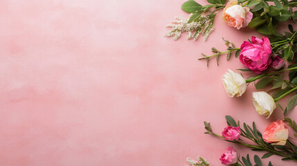 Poster - Pink and white flowers arranged on a blush pink textured background, creating a delicate and romantic floral border. : Generative AI