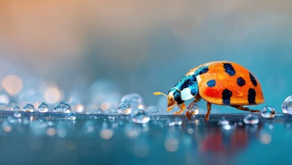 Poster - A ladybug with vibrant orange and blue shell crawls across a dewy surface, reflecting the soft, pastel sunrise light. : Generative AI