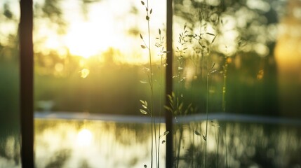 Aufkleber - Silhouetted grasses sway gently in the golden hour sunlight, reflected in a calm, still pond, creating a serene and peaceful summer evening scene. : Generative AI