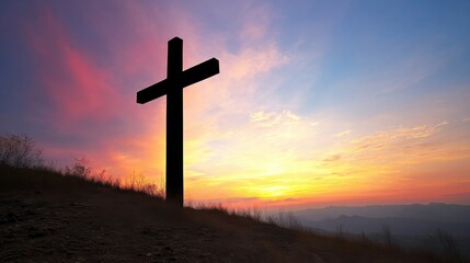 Aufkleber - Silhouette of a cross standing tall on a hilltop against a vibrant sunset, showcasing a breathtaking panoramic view of distant mountains. : Generative AI