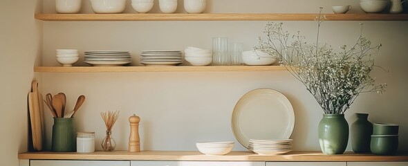 Poster - Stylish kitchen shelving with white ceramic dishes, wooden utensils, and a green vase of gypsophila flowers.  Sunlight illuminates the minimalist design. : Generative AI