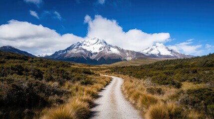 Aufkleber - Scenic gravel road winding towards majestic snow-capped mountains under a vibrant blue sky, offering a breathtaking landscape view. : Generative AI