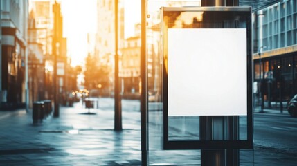 Aufkleber - Blank advertising poster on a city street bus stop, showcasing a modern urban setting at sunset with blurred background. : Generative AI