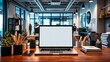 © YASUMIN - A modern laptop with blank screen sits on a wooden desk in a stylish and busy open-plan office environment showcasing productivity and teamwork.