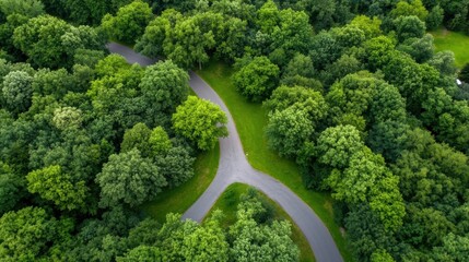 Poster - Aerial view of a winding asphalt road splitting through a lush green forest, showcasing vibrant foliage and a tranquil natural landscape. : Generative AI