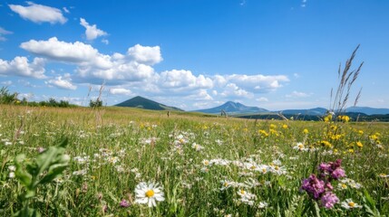 Aufkleber - A vibrant summer meadow blossoms under a bright blue sky, showcasing a picturesque landscape with distant mountains. : Generative AI