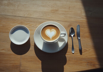 Aufkleber - Aromatic latte art in a white cup, served with a spoon and knife on a light wood table, bathed in sunlight. : Generative AI