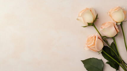 Poster - Four peach roses arranged on a light beige textured background, creating a delicate and romantic floral composition perfect for wedding invitations or feminine designs. : Generative AI