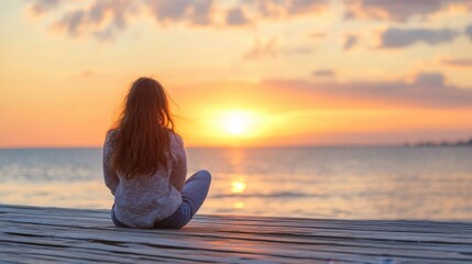 Aufkleber - Serene young woman meditates on wooden pier, watching breathtaking sunset over calm ocean.  Golden hour light bathes the scene in warm, peaceful tones. : Generative AI