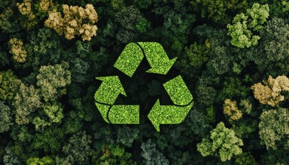 Aufkleber - Aerial view of a lush forest canopy with a prominent recycling symbol formed by the trees themselves, symbolizing environmental sustainability and responsible resource management. : Generative AI