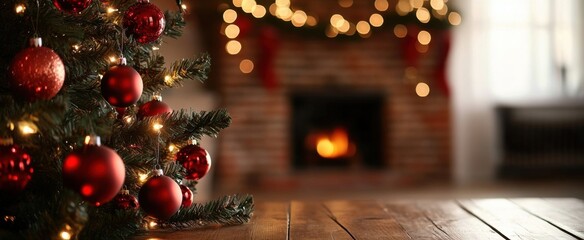Aufkleber - A rustic wooden table sits before a Christmas tree adorned with red ornaments and a warm, inviting fireplace in the background, creating a festive holiday scene. : Generative AI