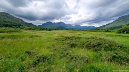 Aufkleber - Serene landscape featuring a vast green meadow, rolling hills, and a dramatic mountain range under a cloudy sky.  The scene evokes a sense of tranquility and natural beauty. : Generative AI