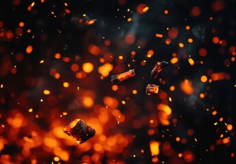 Poster - Glowing embers and sparks float in the dark, creating a fiery, dramatic scene.  Perfect for backgrounds or design projects needing a hot, intense aesthetic. : Generative AI