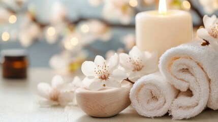 Aufkleber - Spa serenity: White towels, delicate cherry blossoms, and a lit candle create a tranquil and relaxing atmosphere. : Generative AI