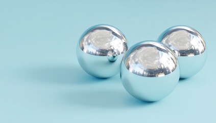 Poster - Three chrome spheres reflect a light blue background, creating a minimalist and modern aesthetic.  The reflective surfaces distort the background, adding depth and visual interest. : Generative AI