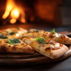 Poster - Delicious cheese pizza slices on wooden board, freshly baked in a wood-fired oven, garnished with basil leaves. Warm, inviting, and perfect for a cozy meal. : Generative AI