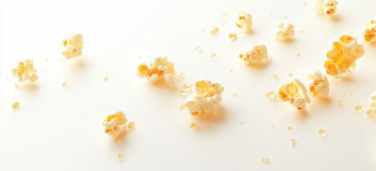 Aufkleber - Scattered popcorn pieces on a white surface, showcasing the texture and light color of the kernels, some with visible caramel coating. : Generative AI
