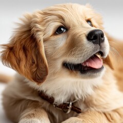 Poster - Adorable Golden Retriever Puppy with Brown Collar, Lying Down and Looking Up, Soft Fur, Happy Expression, Light Background : Generative AI