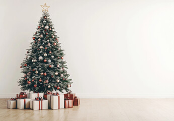 Poster - A snow-dusted Christmas tree stands elegantly in a minimalist room, adorned with red and silver ornaments, surrounded by neatly arranged presents. : Generative AI