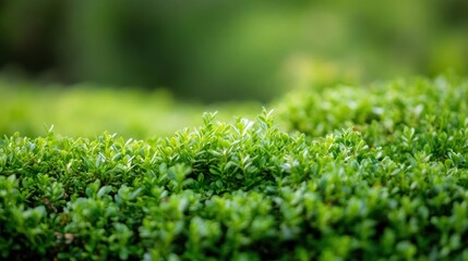 Aufkleber - Vibrant green foliage of a lush boxwood shrub, showcasing the intricate detail of its small leaves and creating a natural, textured backdrop. : Generative AI