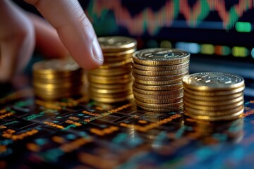 Leinwandbilder - A fingertip gently touches stacks of gold coins arranged on a digital screen displaying dynamic stock market data, symbolizing financial growth and investment. : Generative AI