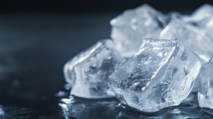 Poster - Close-up of several translucent ice cubes on a dark surface, glistening with water droplets, creating a cool and refreshing visual. : Generative AI