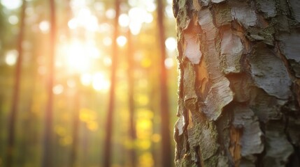 Leinwandbilder - Closeup of tree bark texture in a sunlit forest, golden hour light filtering through the trees, creating a warm and peaceful atmosphere. : Generative AI
