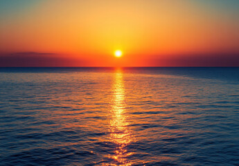 Fototapete - Stunning sunset over the ocean, vibrant orange and purple hues paint the sky as the sun dips below the horizon, reflecting its golden light on the calm water. : Generative AI