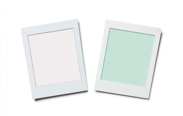 Poster - Two blank white photo frames with pastel inserts, one pink and one mint green, lie on a white background, offering a clean and simple mockup for design projects. : Generative AI