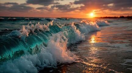 Poster - Ocean wave crashing on sandy beach at sunset, teal water, golden light reflecting, vibrant colors, nature scene. : Generative AI