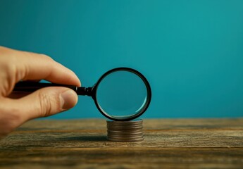 Poster - A hand holds a magnifying glass over a stack of coins on a rustic wooden table against a teal background, symbolizing financial analysis or scrutiny. : Generative AI