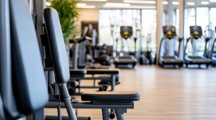 Aufkleber - Modern gym interior with rows of exercise equipment, focusing on a close-up view of a padded weight machine seat. : Generative AI
