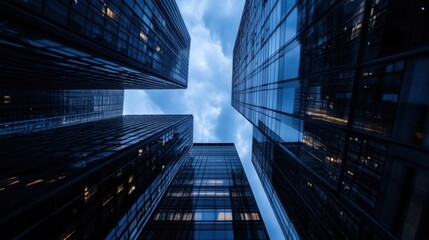 Leinwandbilder - Low angle view of four modern skyscrapers at dusk, reflecting the twilight sky in their glass facades.  The buildings stand tall and imposing against the darkening sky. : Generative AI