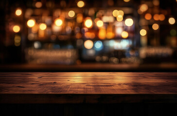 Aufkleber - Dark wooden table top in front of a blurred bar background with warm, golden lights. Perfect for showcasing products or drinks. : Generative AI