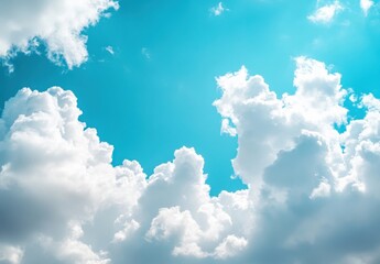 Aufkleber - A vibrant turquoise sky is filled with fluffy cumulus clouds, creating a breathtaking summer scene.  The bright sunlight illuminates the clouds, adding depth and texture to the image. : Generative AI