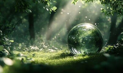Poster - A crystal sphere reflects a sunlit forest scene, showcasing lush green foliage and dappled sunlight filtering through the trees, creating a magical, serene atmosphere. : Generative AI