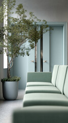 Poster - Green plant in a light grey pot, positioned near light green chairs in a minimalist waiting area, conveying serenity and calm
